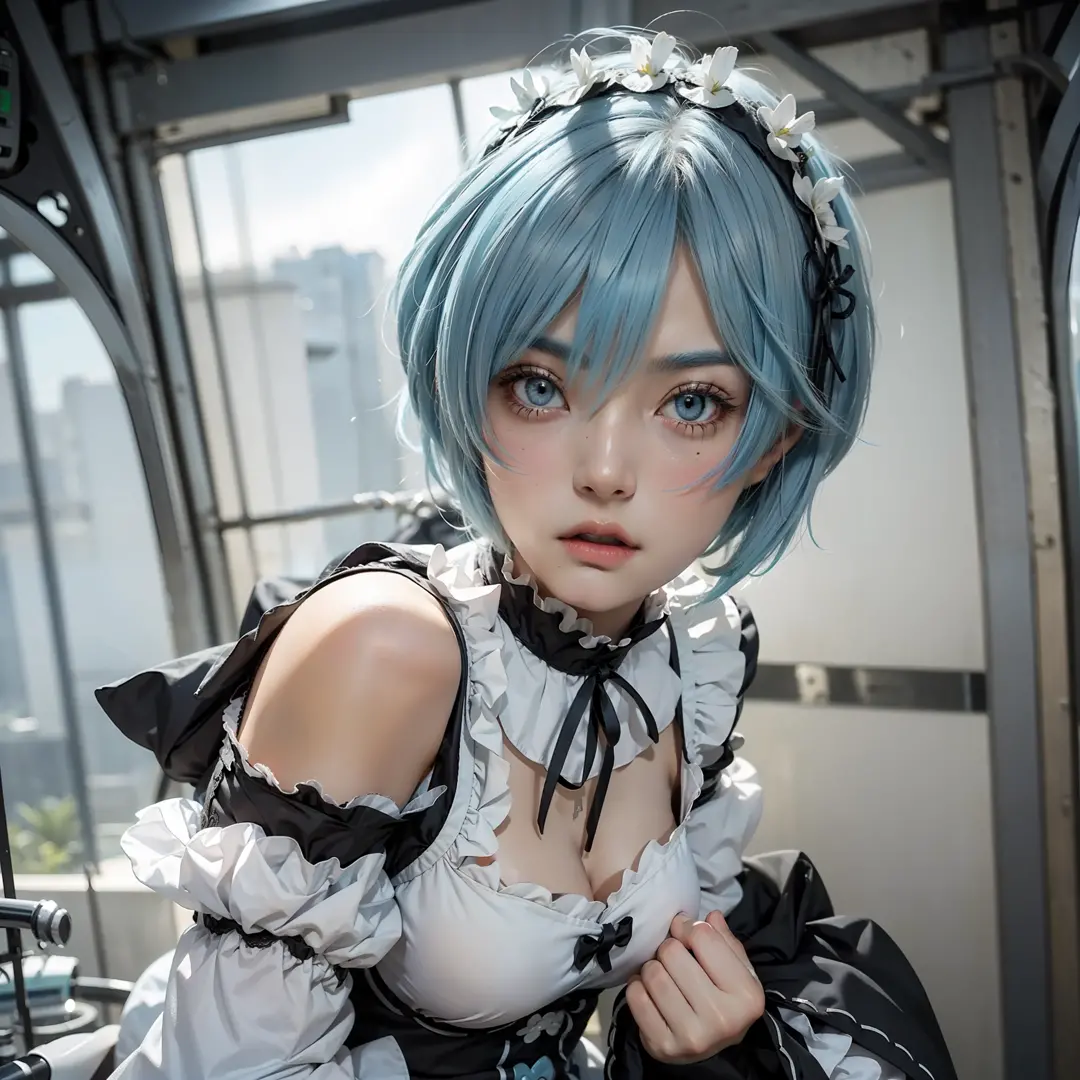 ((pixie cut)), (solo), (1girl), (light blue hair), angry face, big boobs, looking at viewer, maid costume, rem from re:zero