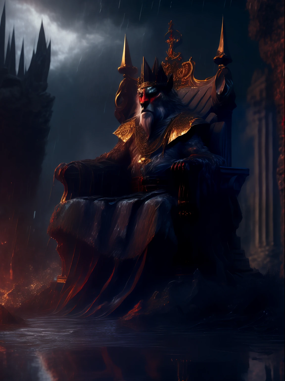 an old werewolf king sitting on the throne, with ((dos panteras with ojos rojos, very bright, sitting on both sides of the throne)), hyperreal, tension, Cold, Highly detailed, Sharp focus, professional, 8K UHD, in the heart of the city of Glas, the throne is a very wet place full of puddles and leaks, majestic, intimidating, Ornate armor, Royal Crown, blurred background, natural lighting, looking at the viewer, cinematic, dark, violent , Highly detailed 8K