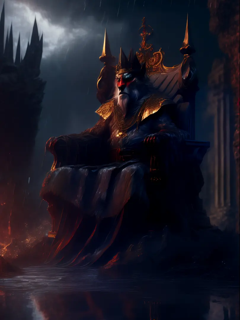un viejo rey hombre lobo sentado en el trono, con ((dos panteras con ojos rojos, muy brillantes, sentadas a ambos lados del tron...