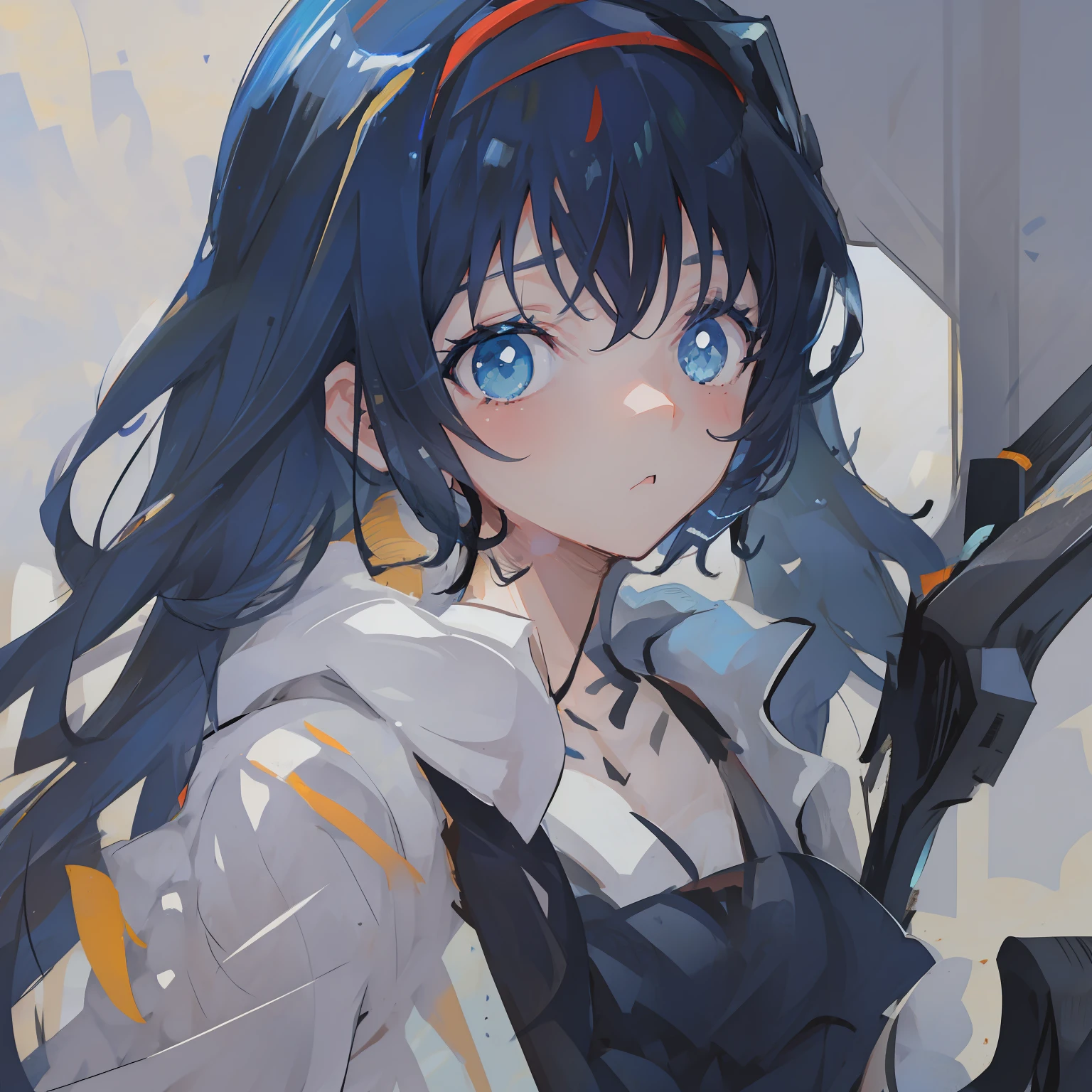 Girl in white，Darker，Crossbow arrows，maske，Light work，4K，，Anime drawing，Yuki Ogura，，Composed by Naka Bokunen，anime sketch，Drawn by a Japanese anime artist，Portraits，Cartoon drawing