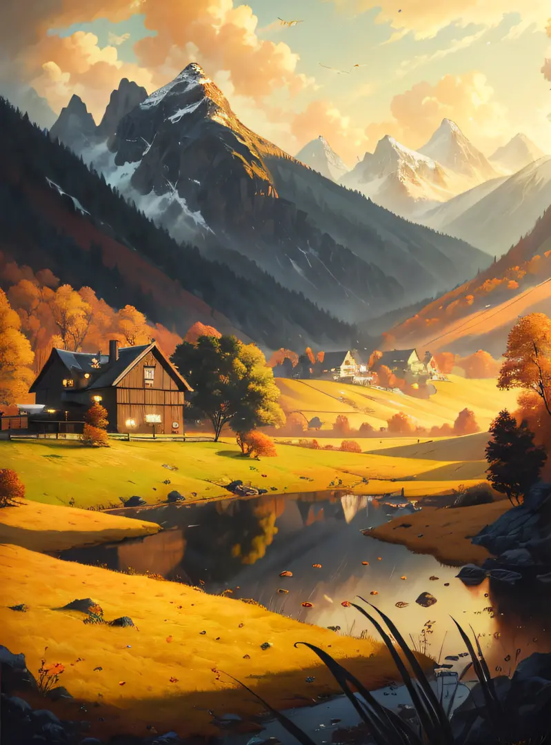 There is a painting of mountain views，There is a house in the distance, scenery artwork, scenery art detailed, digital landscape art, a beautiful artwork illustration, detailed scenery —width 672, anime countryside landscape, 4 k digital painting, 4k digit...