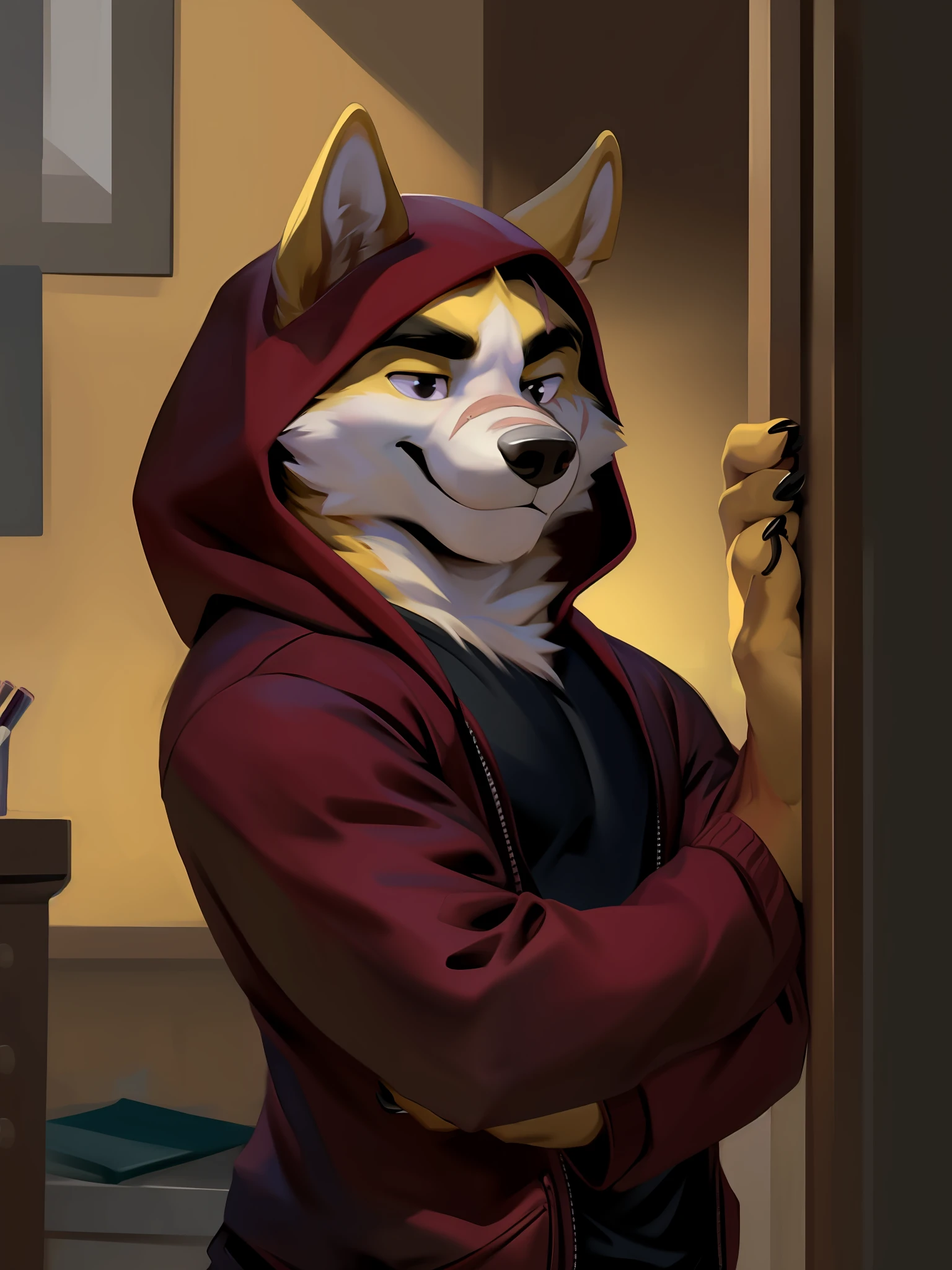 masterpiece, best quality, nj5furry,furry male, 1boy, furry, male focus, solo,animal ears, formal, wolf ears,wolf boy, smile ,
white fur, yellow fur, brown fur, two-tone fur,black eyes, black shirt, red hood, black hoodie,  thick eyebrows, tail, scar on eye,yellow ears, 
((full body,)), 
by chunie