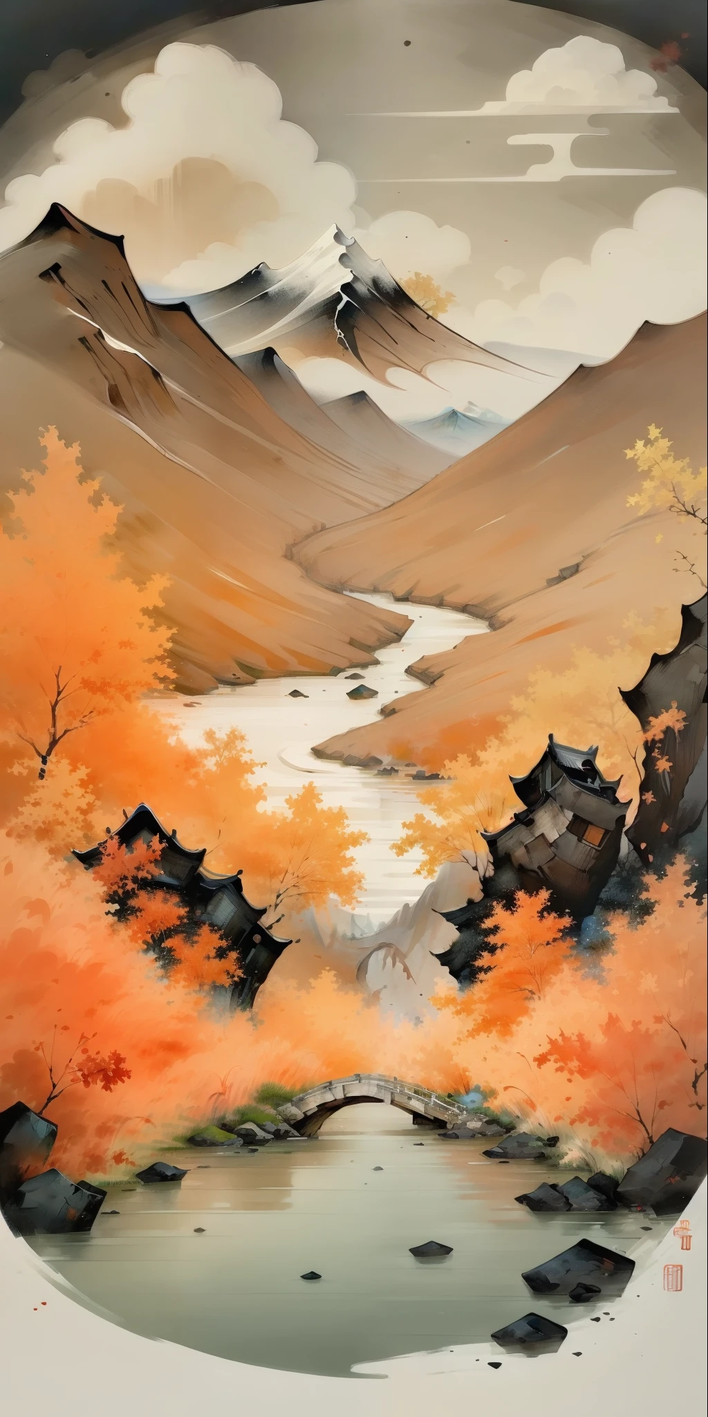 Poster design，Poster style，Sense of design，Ancient Chinese landscape painting，Mountains，maple leaf，Red and black color scheme，（Tree red,Lower right corner），Mountains and rivers black，Cloud，bird，Spread the picture，Masterpieces，quality，8K，Line style，Extreme stroke