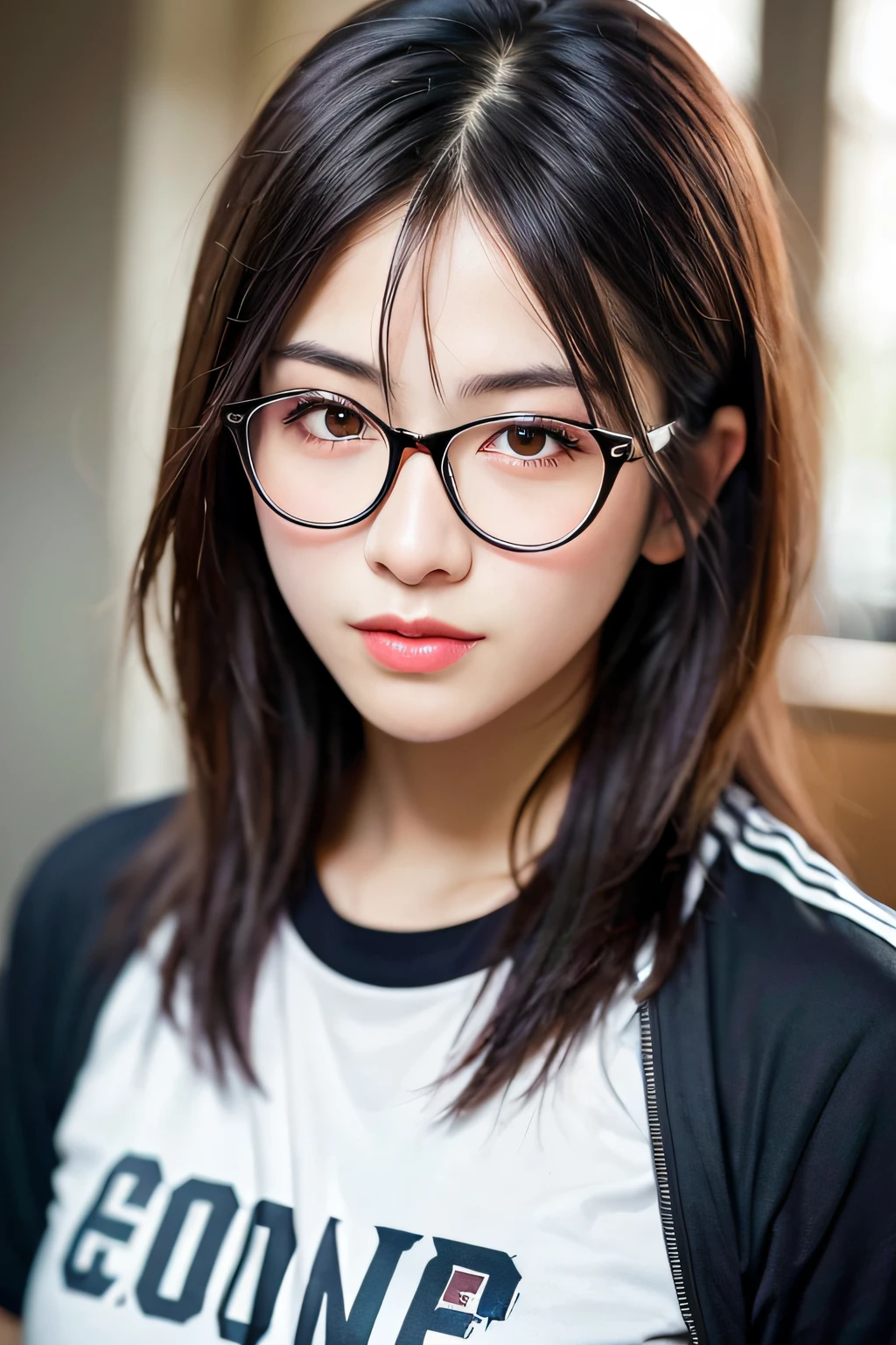 dressed, (photo realistic:1.4), (hyper realistic:1.4), (realistic:1.3),
(smoother lighting:1.05), (increase cinematic lighting quality:0.9), 32K,
1girl with glasses,round glasses,20yo girl, short messy hair, realistic lighting, backlighting, light on face, ray trace, (brightening light:1.2), (Increase quality:1.4),
(best quality real texture skin:1.4), finely detailed eyes, finely detailed face, finely quality eyes,
(tired and sleepy and satisfied:0.0), face closeup, t-shirts,
(Increase body line mood:1.1), (Increase skin texture beauty:1.1)