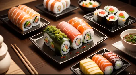 assorted colorful sushi, Contemporary, professional Michelin Star gourmet food photography, depth of field –s 300 –q 2 --auto