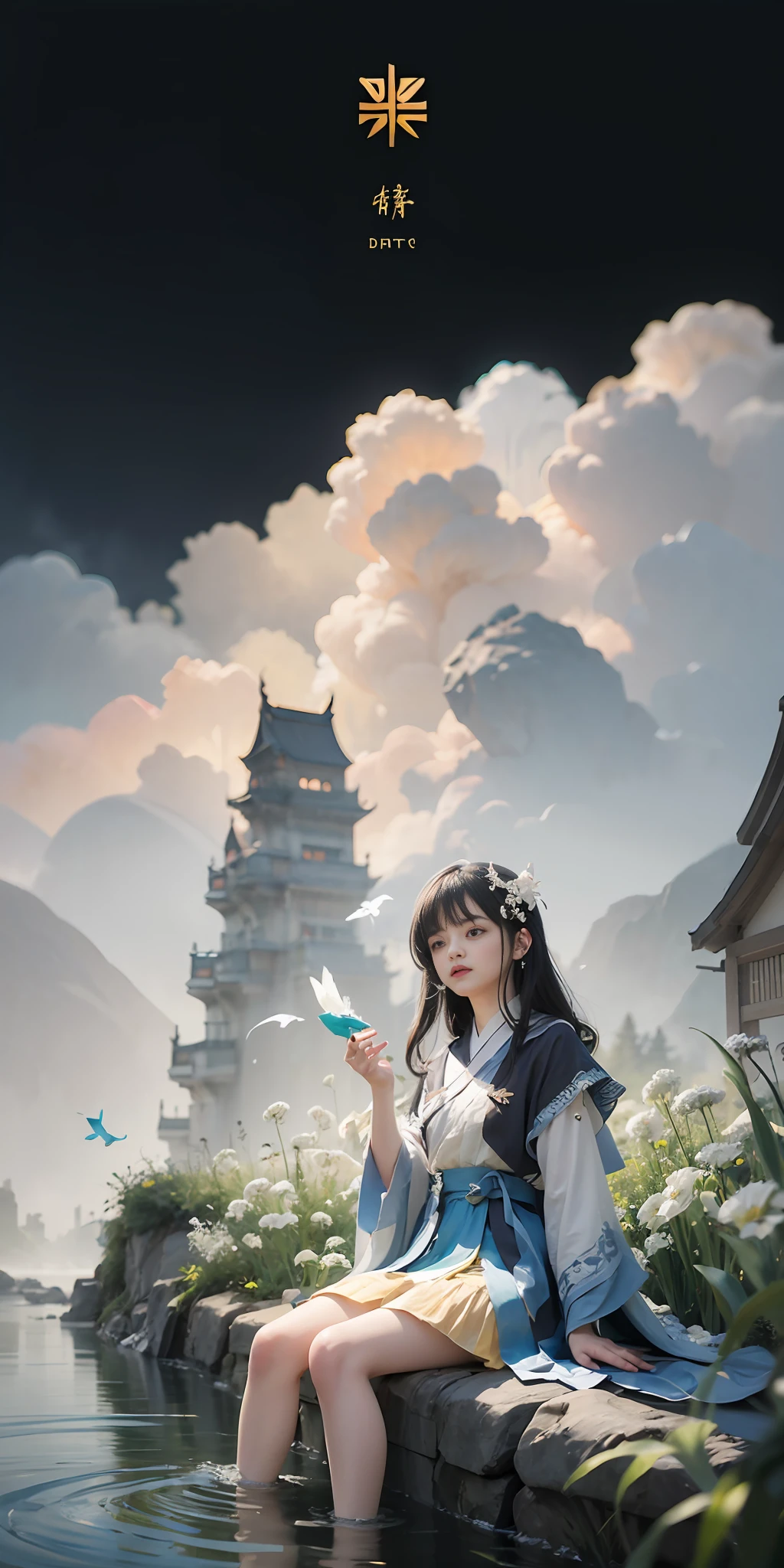 (Fidelity: 1.4), Best Quality, Masterpiece, Ultra High Resolution, Poster, Fantasy Art, Dynamic Lighting, Art Station, Poster, Volume Lighting, Very Detailed Faces, 4k Wallpaper, Award-Awarded, Chinese Style, A Woman, Side Face, Quiet, Sad, Blue Hanfu, Tulle Coat, Long Black Hair, Light Blue Fringed Hair Ornament, Hairpins, White Ribbons, White Flower Bushes, Large White Flowers, Light Blue Small Flowers, Light Blue Butterflies Flying, Ancient Chinese Garden, Sitting by the Pond, Carp in the Water, Hazy Mist, background bamboo, small bamboo, birds flying, dramatic composition, movie lighting effects,