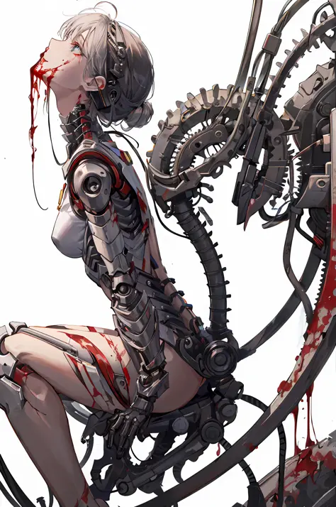 arafed woman sitting on a machine with blood on her body, cracked. biomechanical cyborg, biomechanical oppai, broken beautiful female android!, cyborg - girl, cyborg girl, beutiful girl cyborg, beautiful cyborg girl pinup, translucid. biomechanical cyborg,...