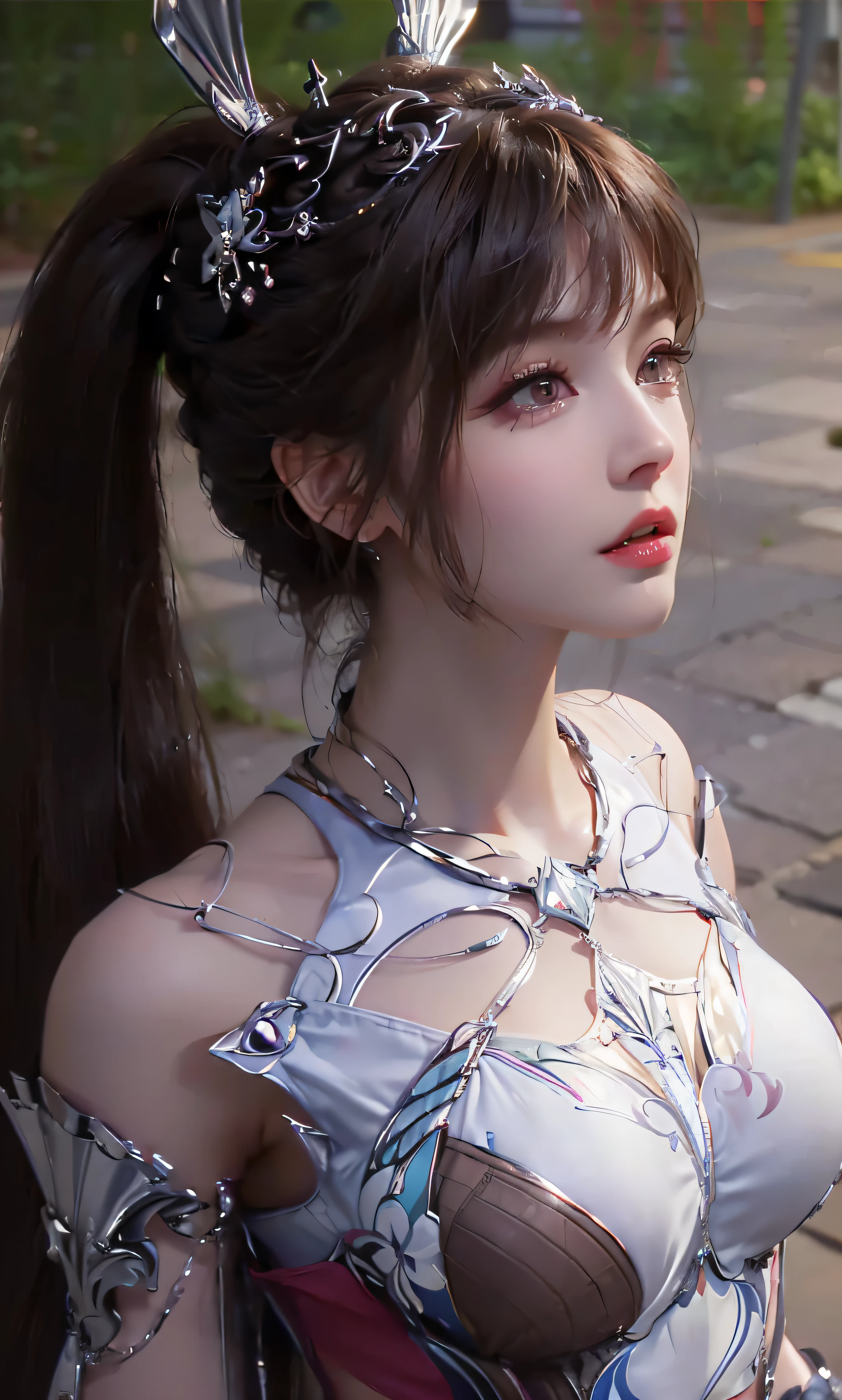 ((Realistic lighting, Best quality, 8K, Masterpiece: 1.3)), Clear focus: 1.2, 1girl, Perfect Figure: 1.4, Slim Abs: 1.1, ((Dark brown hair)), (White crop top: 1.4), (Outdoor, Night: 1.1), City streets, Super fine face, Fine eyes, Double eyelids,