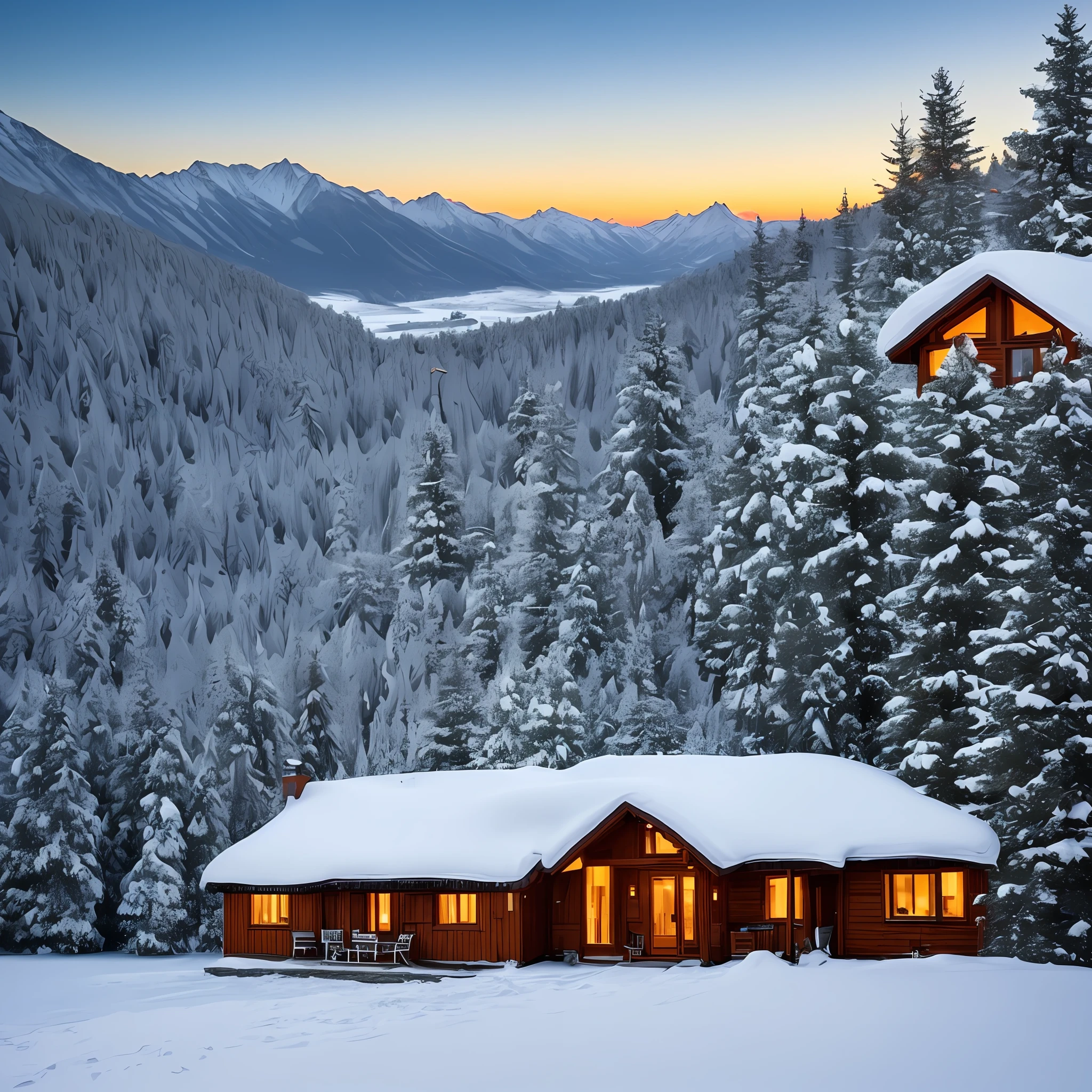 A cottage in a Snowy mountain showing the morning sun from the east --auto