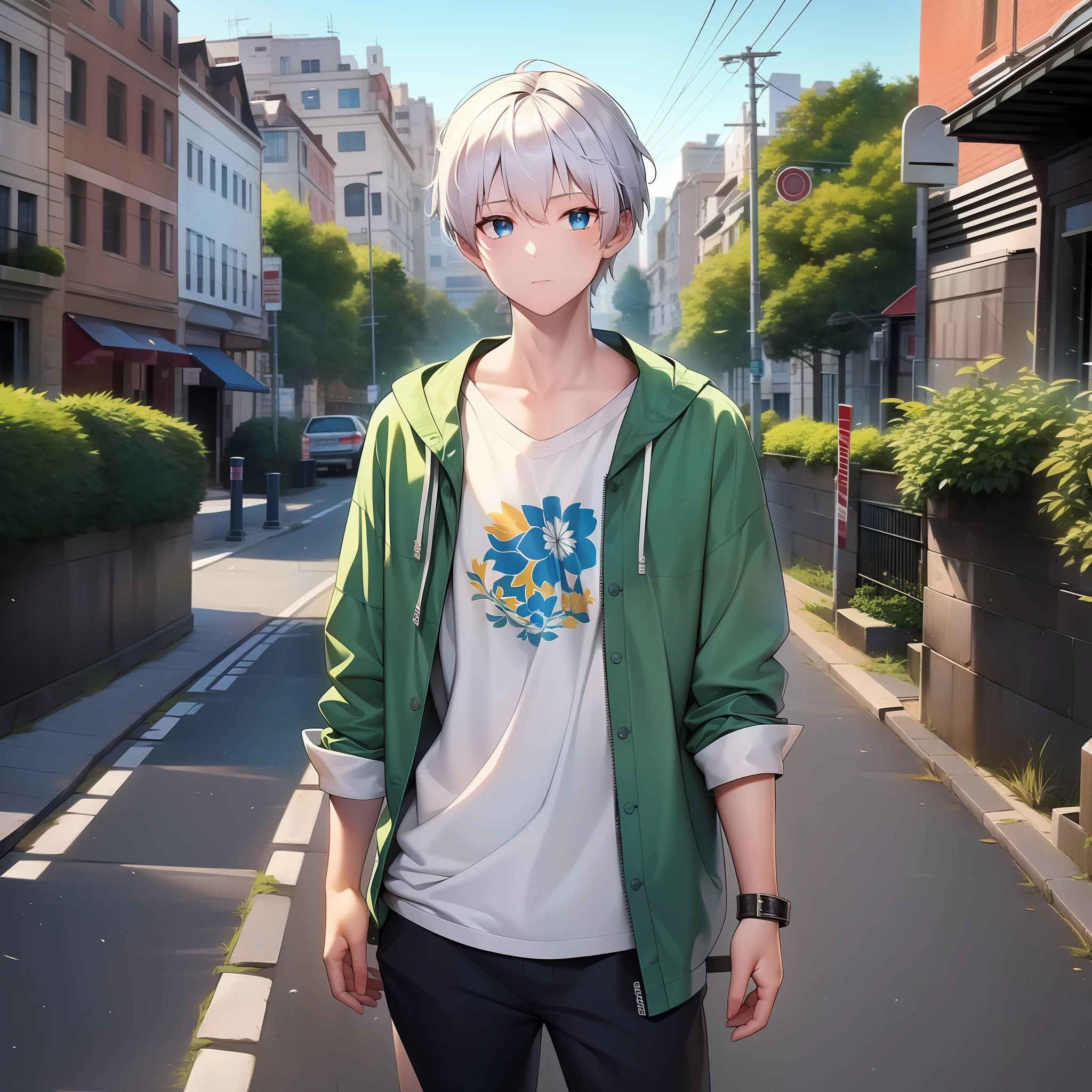 1 boy, white hair, blue eyes, full body picture, standing in front, casual dress looking straight ahead, green background, high detail, high resolution, solid color background