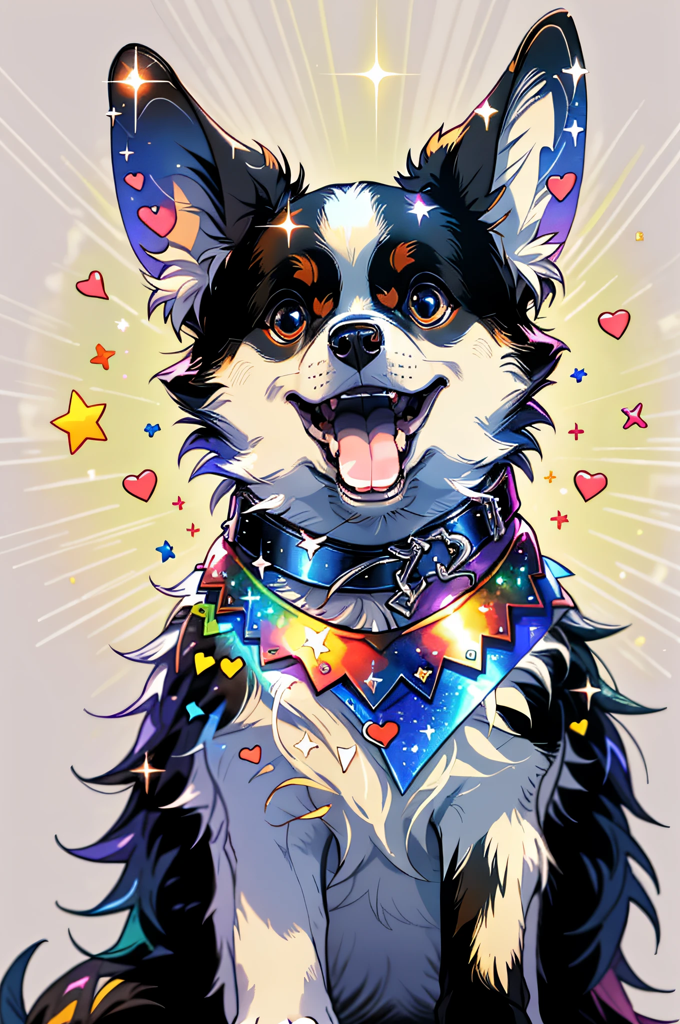 Niji is proud， solo， smiles， opened mouth， tails， heart， tongue， tongue out， stars （symbol）， Collar， no human， Sparkle， fang， looking up， dog， Animal focus， sparkling eyes， fluffy，adorable