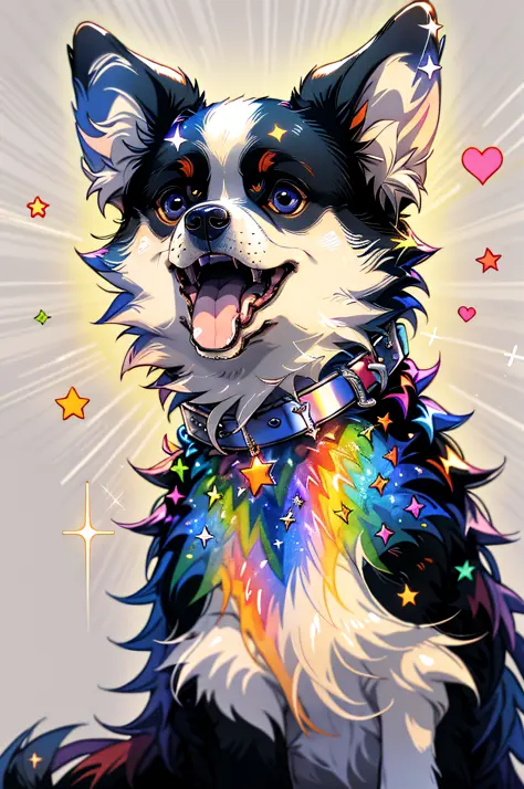 Niji is proud， solo， smiles， opened mouth， tails， heart， tongue， tongue out， stars （symbol）， Collar， no human， Sparkle， fang， lo...