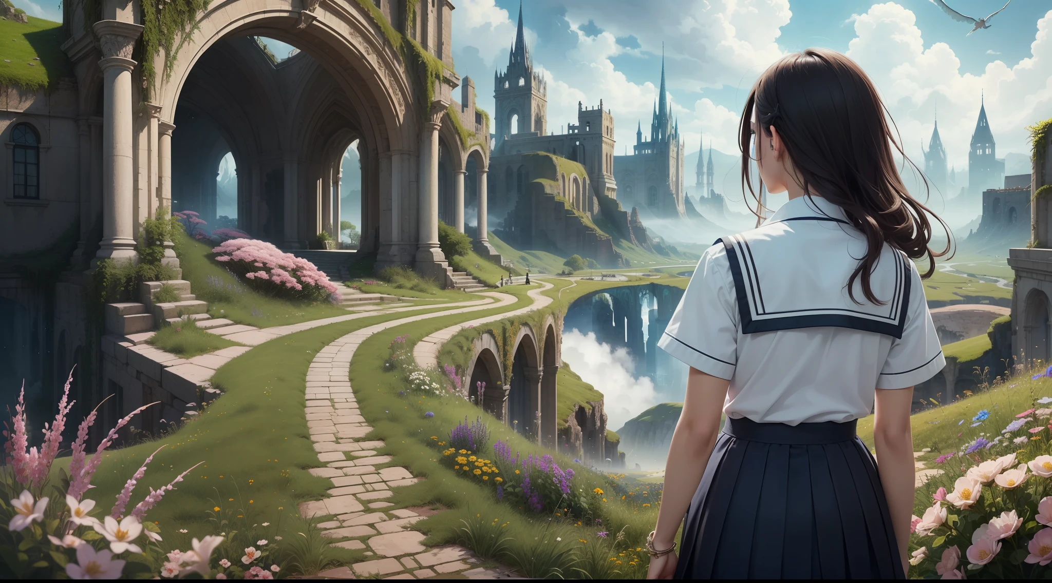 ((masterpiece)), (((best quality))), ((ultra-detailed)), (Amazing:1.1), A back view of a high school girl walking, (((keep the human anatomy))), ((A beautiful high school girl lost in a surreal world of dreamlike landscapes)), searching for a way back home, A straight road in the grassland that goes on forever, huge ruin, (17 yr old), person from behind, flowers, wind flow, (((wearing school uniform))), black eyes, black hair, white socks, 8 life size, detailed hairstyles, realistic,(((fantasy))), frontier, surrealism, (magnificent space), ultra wide view, concept art, raw, detailed background, complex background, wallpaper, poster, sharp focus, hyperrealism, insanely detailed, lush detail, filigree, intricate, crystalline, perfectionism, max detail, 4k uhd,