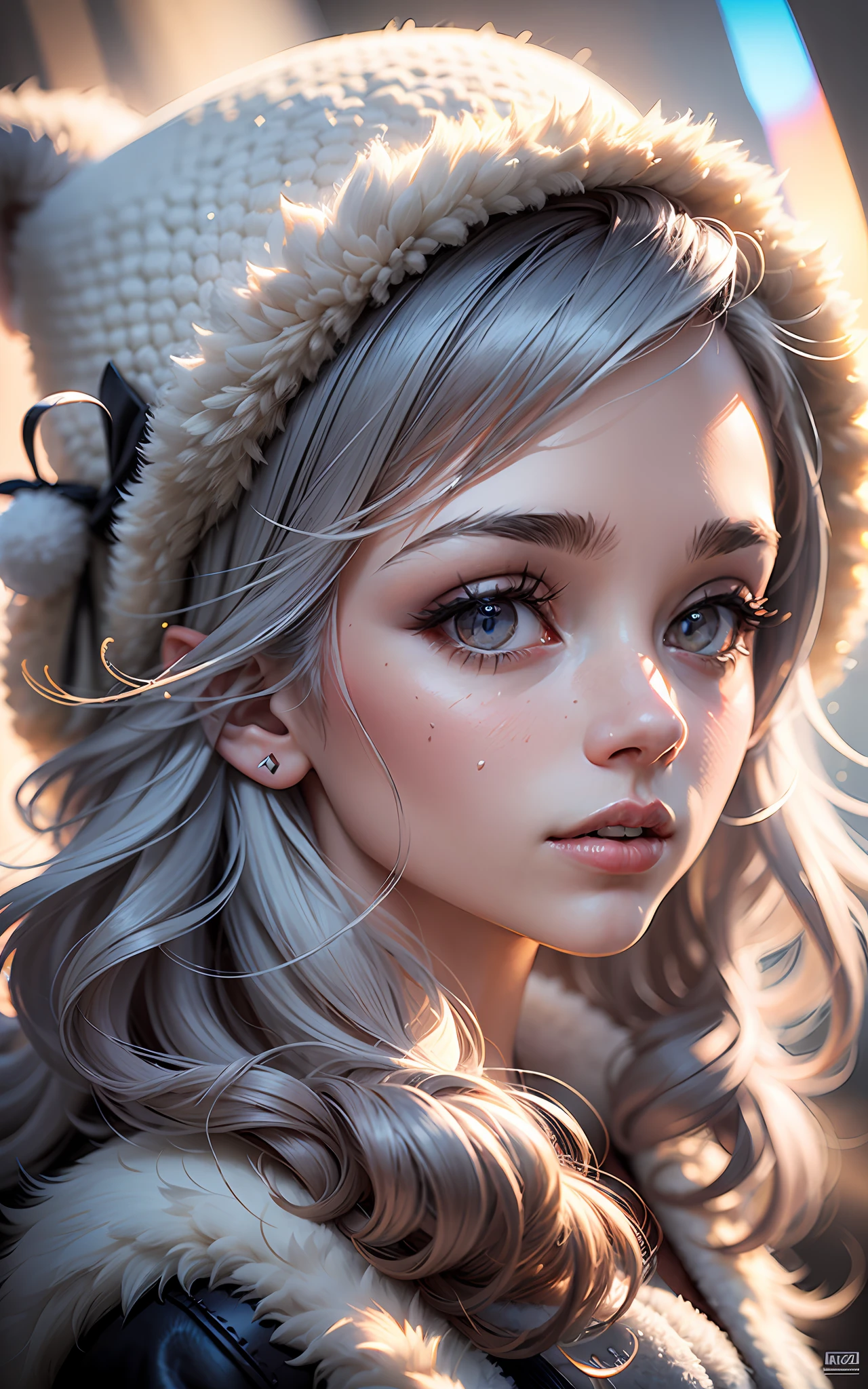 (award winning 64k concept art:1.2) of (young woman:1.2), fluffy, in fluffy coat, fluffy hat, sweet, holding her breath, front, epic, god rays, (portrait:1.2), (masterpiece:1.2), (best quality:1.3), Amazing, highly detailed, beautiful, finely detailed, warm soft color grading, (Depth of field:1.4), extremely detailed k, fine art, stunning, (light reflections:1), (crisp:1.6), silver short curls, winter, vibrant, sunlit, (edge detection:1.4), absurdres, impressive, 120mm, extremely clear, lens flare, motion lines