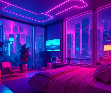 ((masterpiece)), (ultra-detailed), (intricate details), (high resolution CGI artwork 8k), Create an image of a small retro-futuristic and realistic vaporwave cyberpunk (bedroom) at night time. One of the walls should feature a big window with a busy, colorful, and detailed (cyberpunk), synthwave, neon cityscape. The city should have a futuristic style with lots of colors, neon lights, signs, and differently-sized buildings. The cityscape should be extremely detailed with depth of field. The city should have a lot of visual interest with many small details. Utilize atmospheric and ambient lighting to create depth and evoke the feel of a busy futuristic city outside the window. Pay close attention to details like intricate, hires eyes and 90s bedroom accents. Camera: wide shot showing the bed or desk and the window. The window should be the focal point of the image. Lighting: use atmospheric and volumetric lighting to enhance the cityscape details. The room should be illuminated by the neon lights from the cityscape.