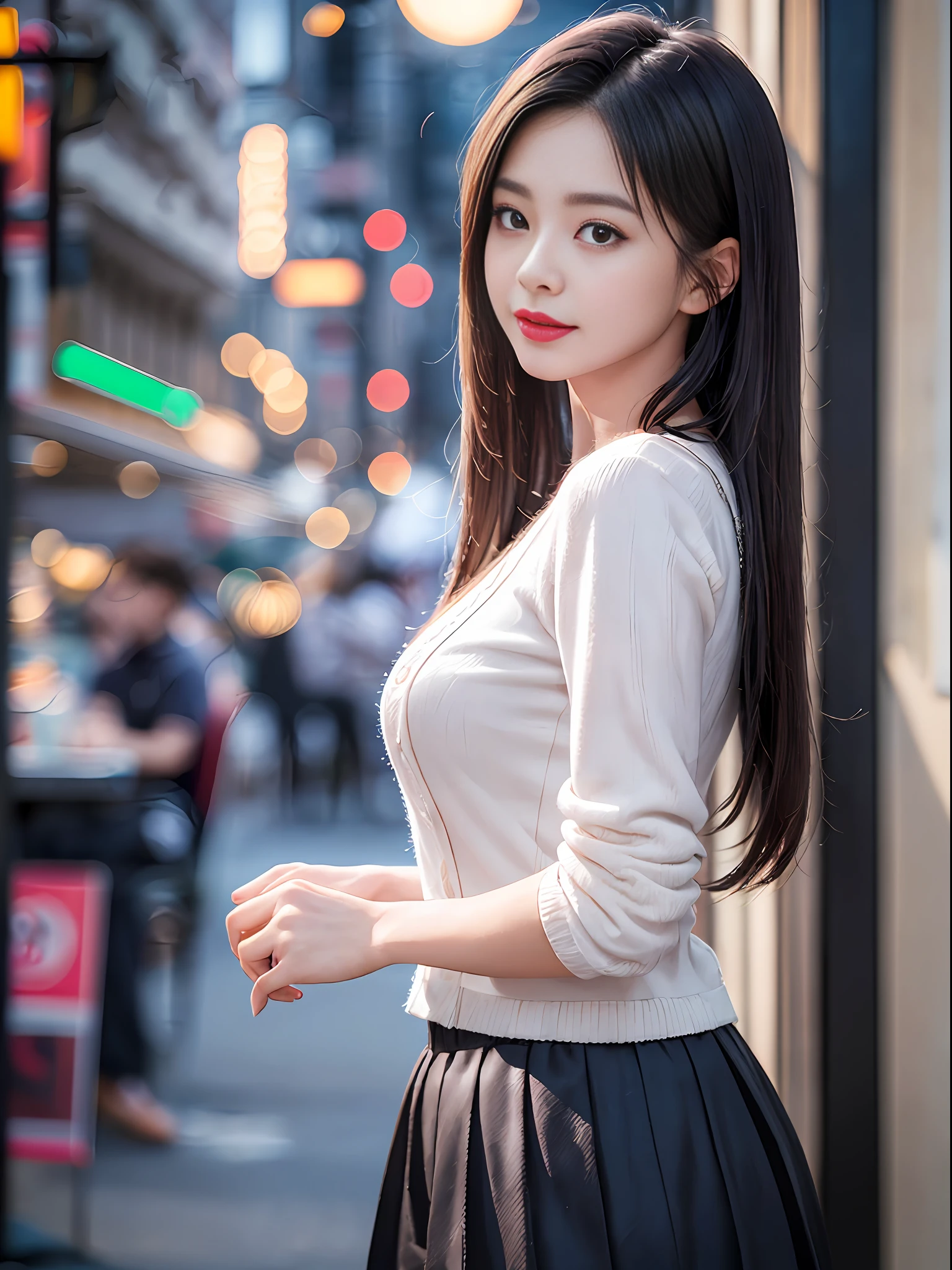 ((Best Quality, 8K, Masterpiece: 1.3)), Super Cute Beautiful Woman, 1 Girl, (Beautiful Breasts:1.3), (Abs, Slender Figure: 1.1), Sharp Focus, (((Intricate Details)), High Detail, Upper Body, One Girl, Black Straight Hair with bangs, Japan  Uniform, White collard shirt, red blazer, white Pleats Skirt, knee-length skirt, 8K, 8K Resolution, clean detailed face, Detailed Body, Detailed Clothes, Sharp Images, Japan Anime Concept Art, trending on Pixiv, looking the viewer, facing the viewer, seductive model pose, seductive smile, pink lipstick, bokeh, field of depth, 8 life size, 8k resolution, upper body image, shot on EOS 5D Mark IV, 35mm lens, f1.8, from side, night Paris Cafe background,