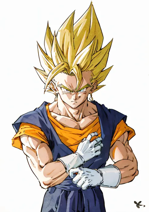 a drawing of a young gohan with a blue shirt and orange shirt, super saiyan, super sayan, super saiyan goku, going super saiyan,...