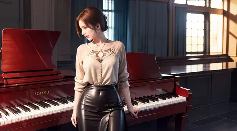 beautiful lighting, real life, beautiful musician women, wear sexy red color maxi skirt, stand beside piano, eye looking to came...