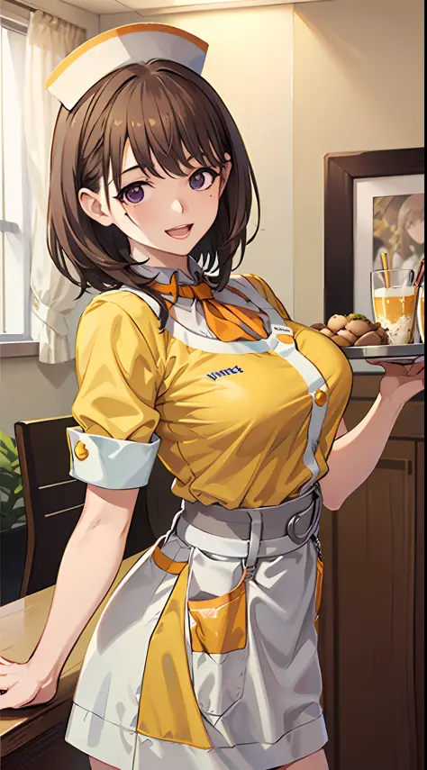 Big anime girl posing in front of window、(((Waitress Uniform:1.2)))、((Yellow Uniform)), ((Yellow sleeves)), ((Yellow skirt)), ((...