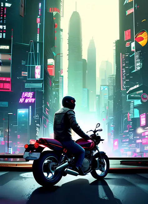 In Cyberpunk World, a man rides a black tr300 motorcycle. He wears a black high-tech helmet with HJQ written on it. Next to the man stands a beautiful girl with a cat in her arms. The perspective of the picture is a front view, belonging to conceptual art ...