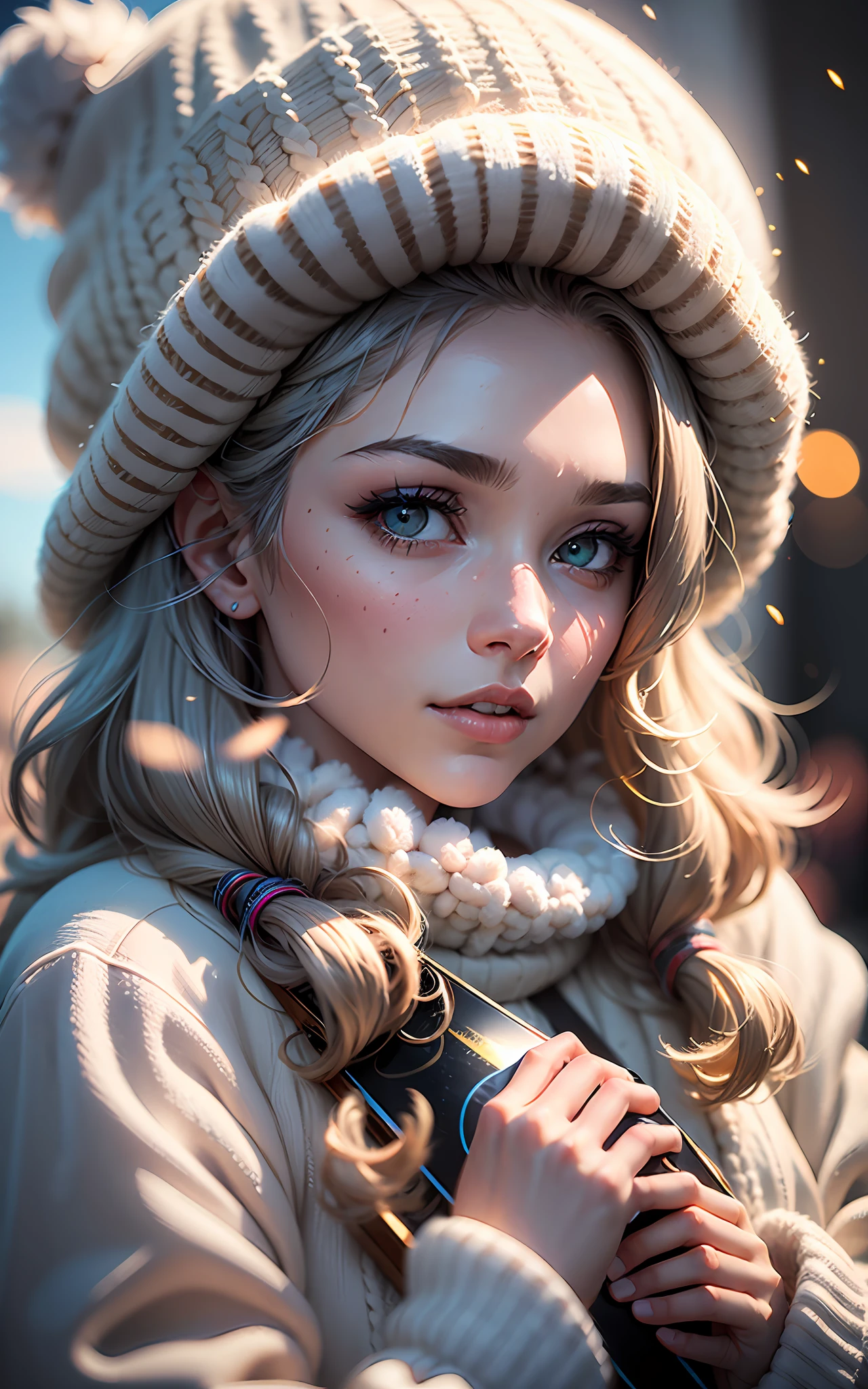 (award winning 64k concept art:1.3) of (young woman:1.2), fluffy, in fluffy coat, winter hat, sweet, holding her breath, front, epic, god rays, (portrait:1.2), (masterpiece:1.2), (best quality:1.3), Amazing, highly detailed, beautiful, finely detailed, warm soft color grading, (Depth of field:1.4), extremely detailed k, fine art, stunning, (light reflections:1), (crisp:1.6), silver short curls, winter, vibrant, sunlit, (edge detection:1.4), absurdres, impressive, 120mm, extremely clear, lens flare, motion lines