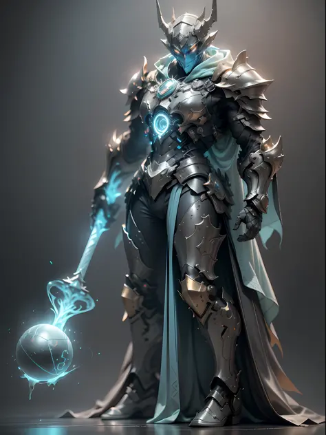 Ghost armor holding huge ice wand, mage, full body ice blue armor, super cool ghost mage, wearing ice blue cloak, huge staff, ma...
