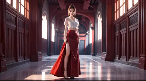 beautiful lighting, real life, beautiful 25 years old women, wear red color maxi skirt, stand beside piano, eye looking to camer...