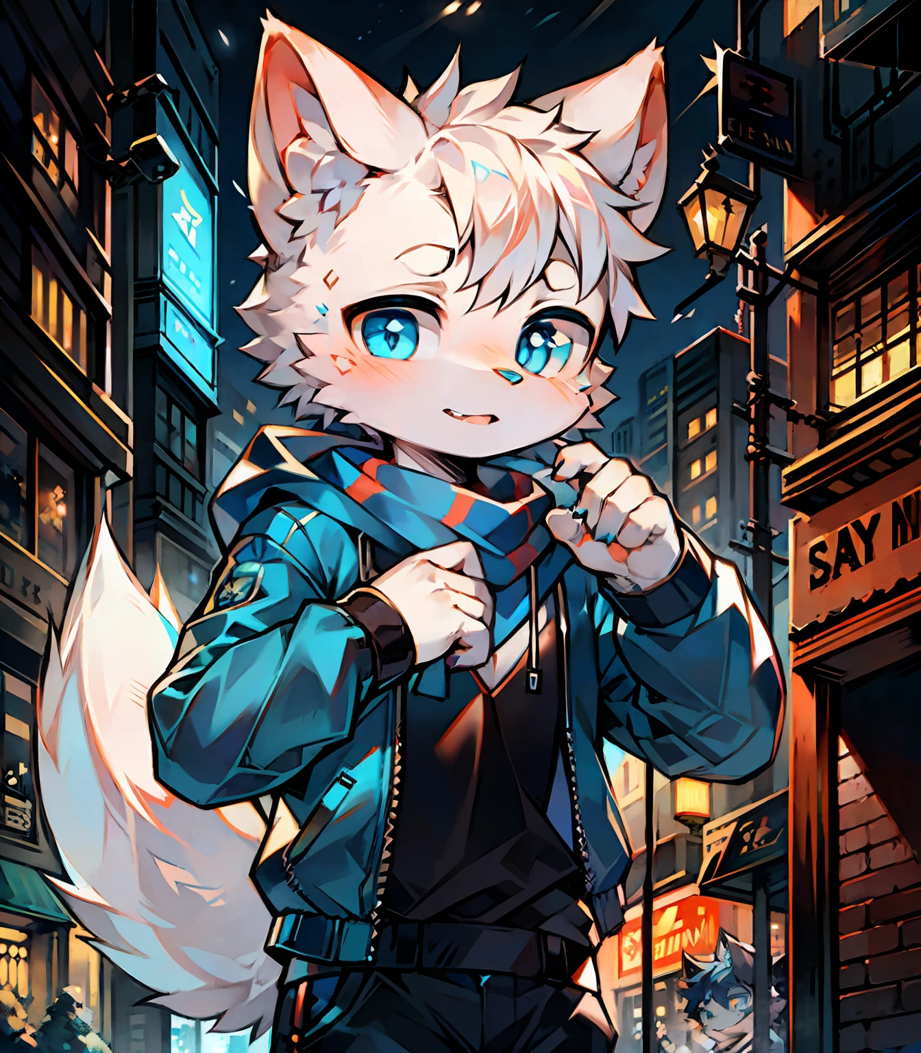 Highest picture quality，Delicate painting style，Delicate hook lineasterpieces，Fine skin，Delicate hair，Delicate hands，Delicate eyes，Normal eyes，White cat ears，shaggy，Blue eyes，Handsome，（（White scarf）），Cat style，Shota，Cyberpunk, Blue pupils, Night view of the city, , Dappled light and shadow, boy，Shota，There are bright eyes of God，White fur，blue jacket