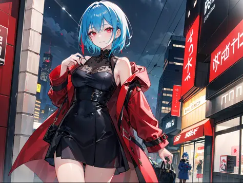 "Generate an image of a sophisticated adult female character with, vibrant blue hair that is tied up is short and looks very elegant and captivating calm red eyes. She exudes an elegant aura, dressed in a pristine black-red coat. The time is midnight, she ...
