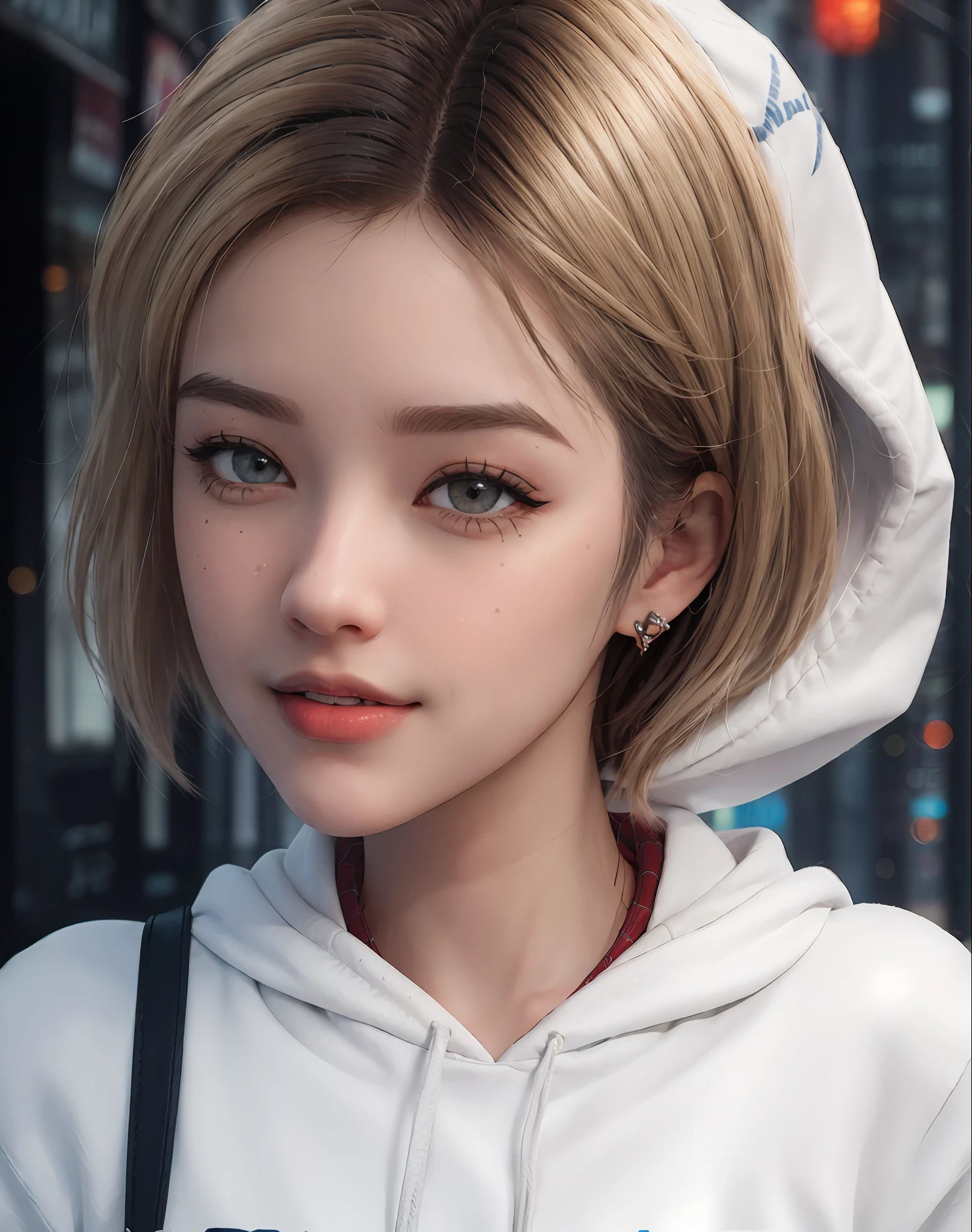 (masterpiece), ((best quality)), parted lips, light_smile, cinematic lighting, ultra-realistic, ((realistic)), (gwen_stacy), blonde_hair, short_hair, solo, sidecut, asymmetrical_hair, parted_lips, eyebrow_piercing, (detailed face), beautiful 1girl, 1girl, looking at viewer, (beautiful detailed eyes), bodysuit, spider-suit, white hoodie, hood_down, portrait, upper_body, (side of head shaved), (small breasts)