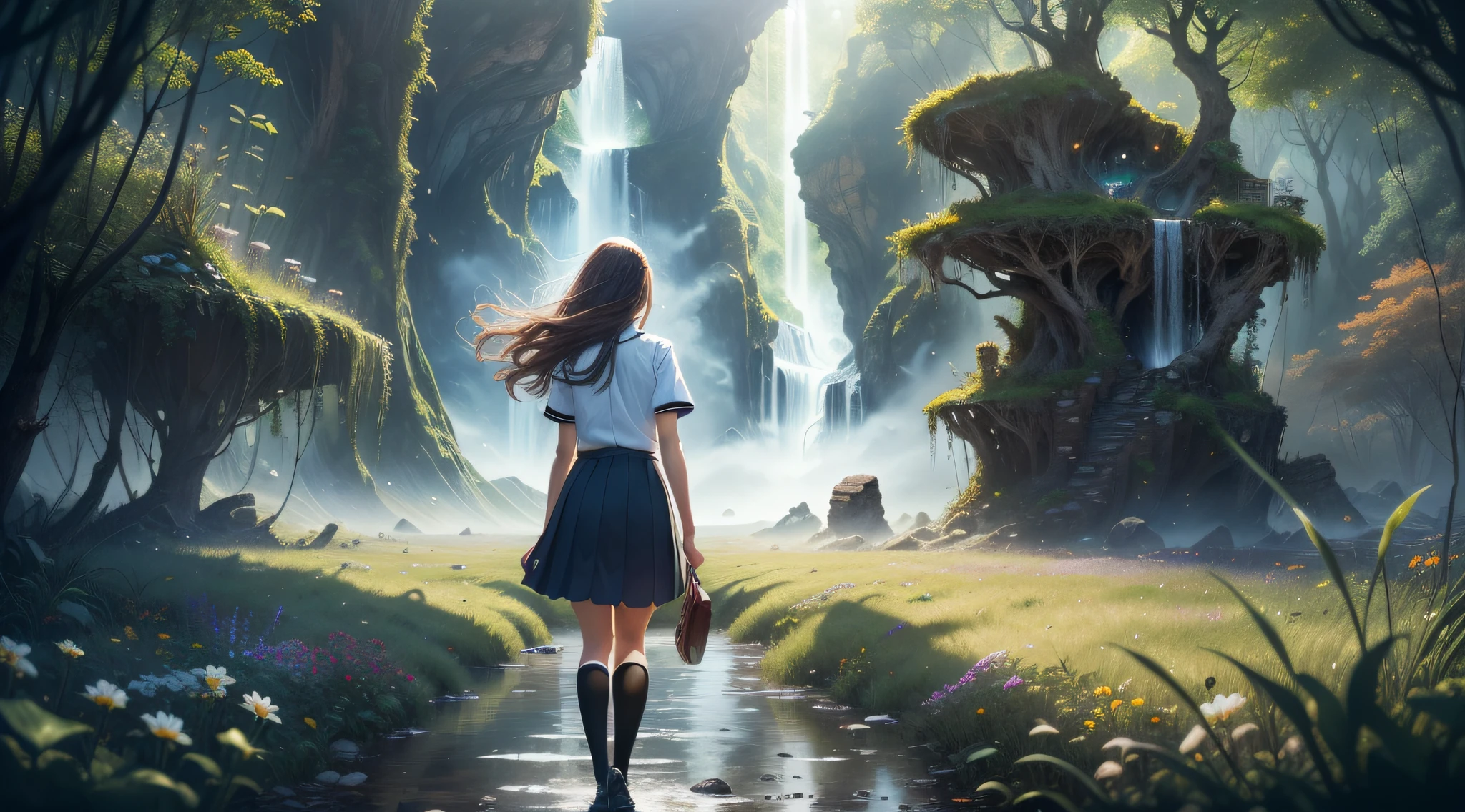 Anime girl walking in the rain in a forest with waterfall - SeaArt AI