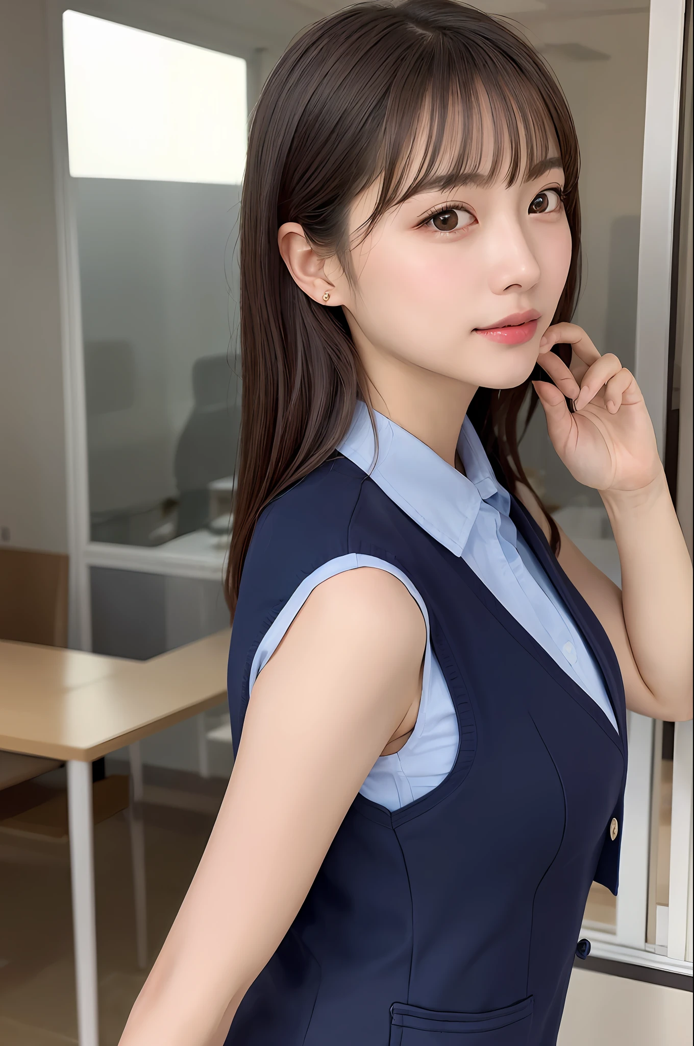 1 girl、Mature women、vest、bow、photograph、realistic、best-quality、adopt、Detailed face、office、Building from the window、detailed backgorund、Diffused sunlight、Depth-of-field、Bokeh、realistic pictures、　original、High precision。