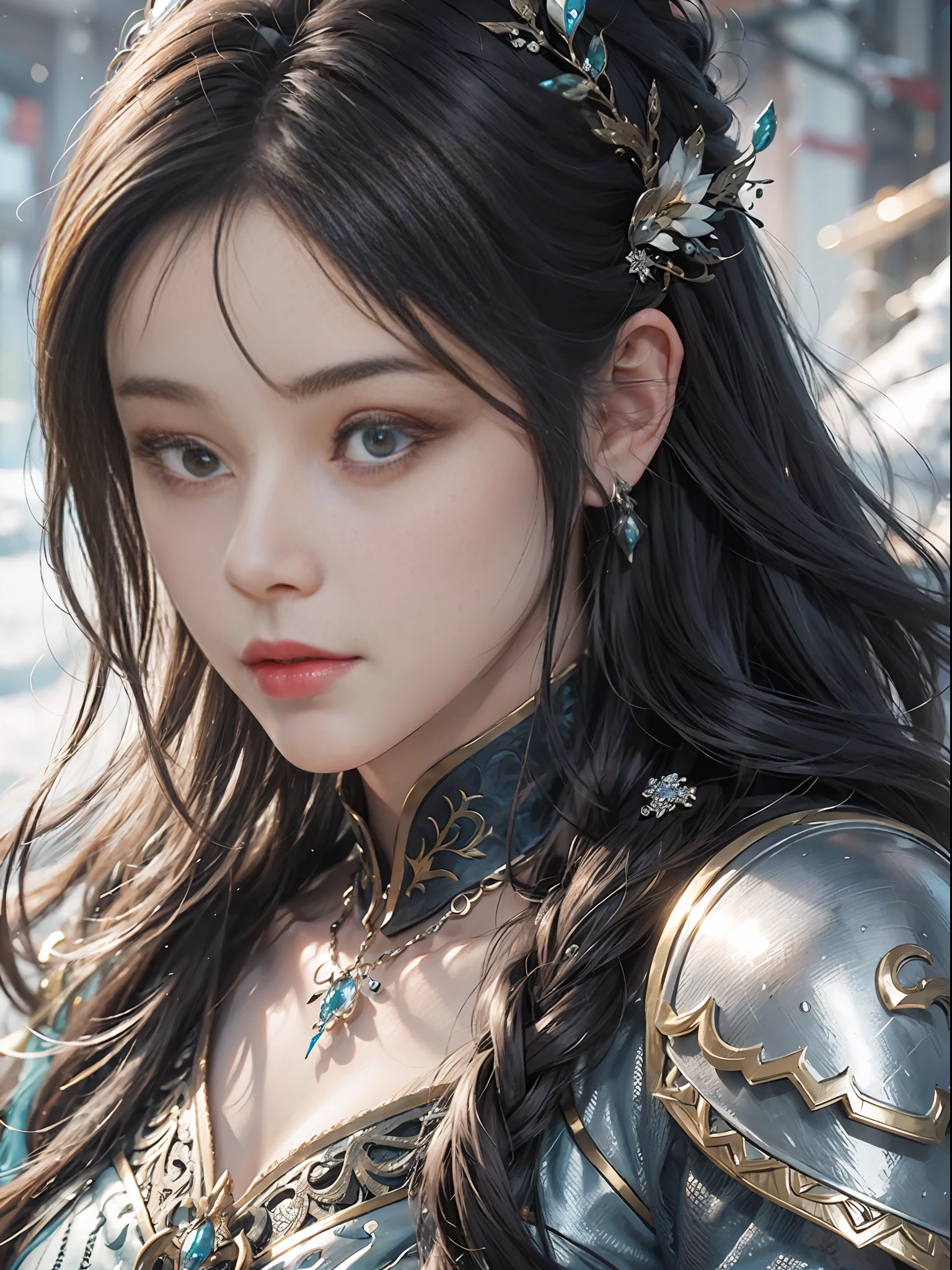 Close-up of a woman in a silver blue dress, Cheng Weipan Art Station, Xiuxian Technology Sense, Ice and Snow Beauty, Gauze Sleeves, Detailed Fantasy Art, Stunning Character Art, Epic Exquisite Character Art, Beautiful Armor, Extremely Detailed Art Sprout, Detailed Digital Animation Art, Art Station Pixiv on Artgerm, Armor Girl, Exquisite Intricate Headdress and Jewelry