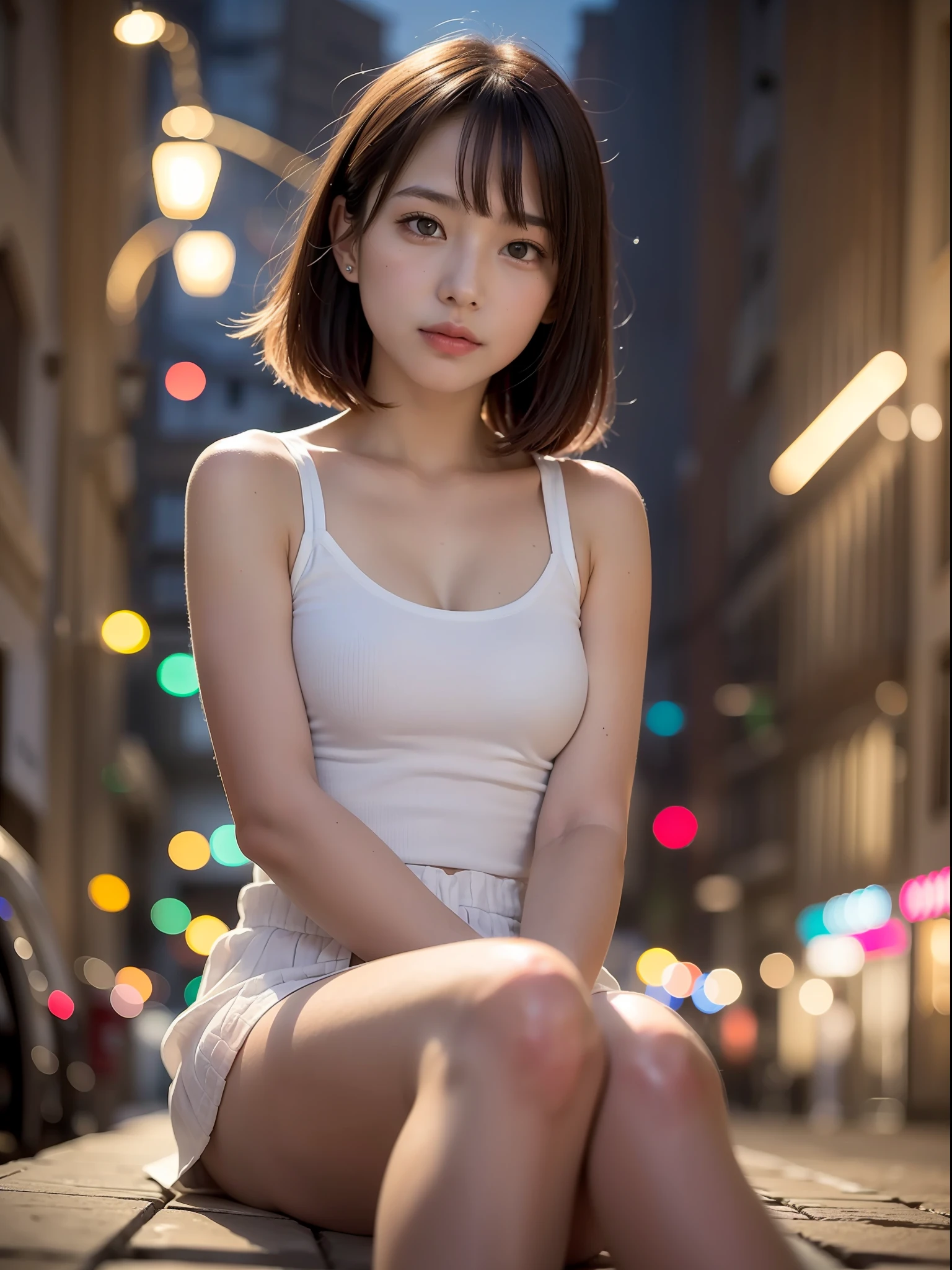 ((Best quality, 8k, Masterpiece: 1.3, raw photo)), Sharp focus: 1.2, (1 aespa girl: 1.2), (realistic, photo-realistic:1.37), (face focus: 1.1), cute face, small breasts, flat chest, short messy hair, sitting, arms up, (white camisole: 1.1), skirt, from below, Beautiful Woman Sitting Under Street Lamp Light, cinematic lighting