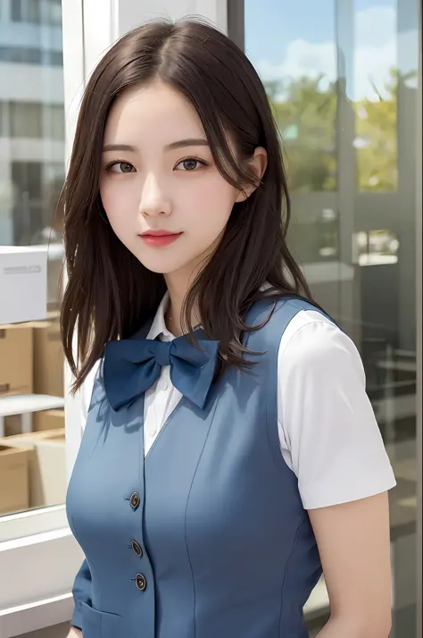 1 girl、Mature women、vest、bow、photograph、realistic、best-quality、adopt、Detailed face、office、Building from the window、detailed backgorund、Diffused sunlight、Depth-of-field、Bokeh、realistic pictures、　original、High precision、office、OL。