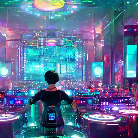 A female DJ (with short black hair) plays records in a cyber steampunk style nightclub, the dance floor is made of glowing cyan ...