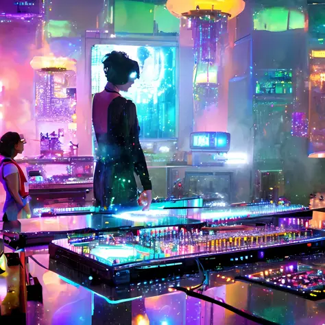 A female DJ (with short black hair) plays records in a cyber steampunk style nightclub, the dance floor is made of glowing cyan ...