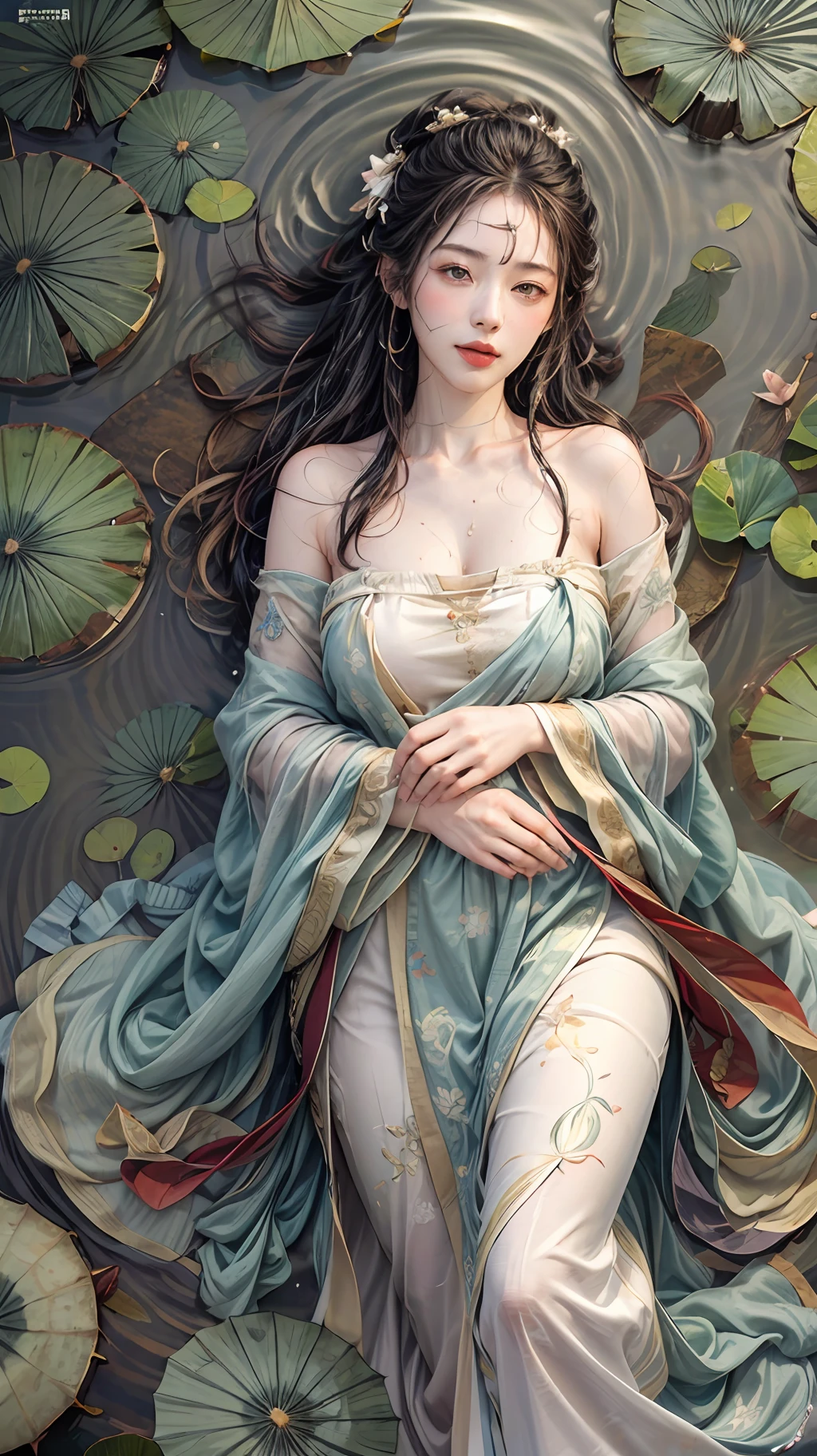 (1girl Lying on the lake:1.5), The body is covered by water,floating hair,floating silk, hanfu is wet by water,clean water, Carp, solo, hanfu, (Huge lotus leaf:1.3), (lotus:1.1), dynamic posture,see through cloth, chinese,long_hair,misty, light smile,shy,Elegant,(lake water:1.2),sahdow,reflection, Top view angle, Depth of field, official art, ultra detailed, aesthetic,masterpiece,best quality, ancient art,