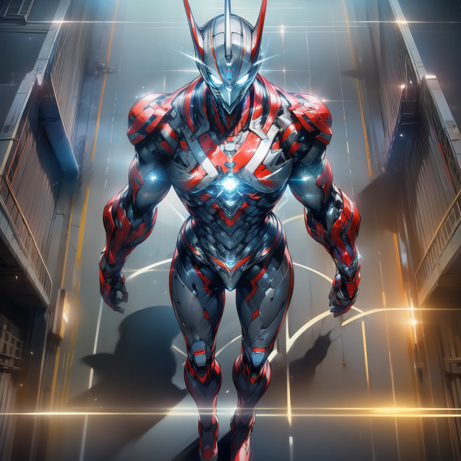 （Masterpieces、Need、Super delicate、high reale focus，(((ultraman )))，，(His head is tapered,The body is made of red and silver，The arms present a streamlined design，The fist came forward，The fist carries a huge red light like a rocket，There is a glowing ring on the chest，Looks tall and thin，The overall look is streamlined and cool)，(Standing Posture)，Posing for a photo，High angle，night，At the entrance of the Optics Valley Weiming Experimental Primary School，Background details，（（（total body））），From above，solo，(((Huge feeling)))，