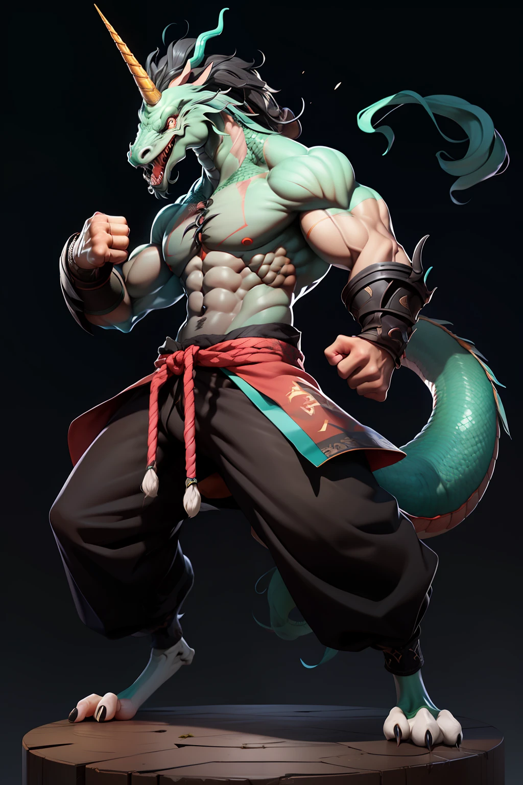 Best quality，
Rackanimal， 1boy， solo， total body， Simple background， clenched hands， Stand， scar，tap， pants，Dark skin， torn laundry， Loose pants， Abs，Black，aqua，
Rack animals，Black background，Dragon horn，Unicorn，National style