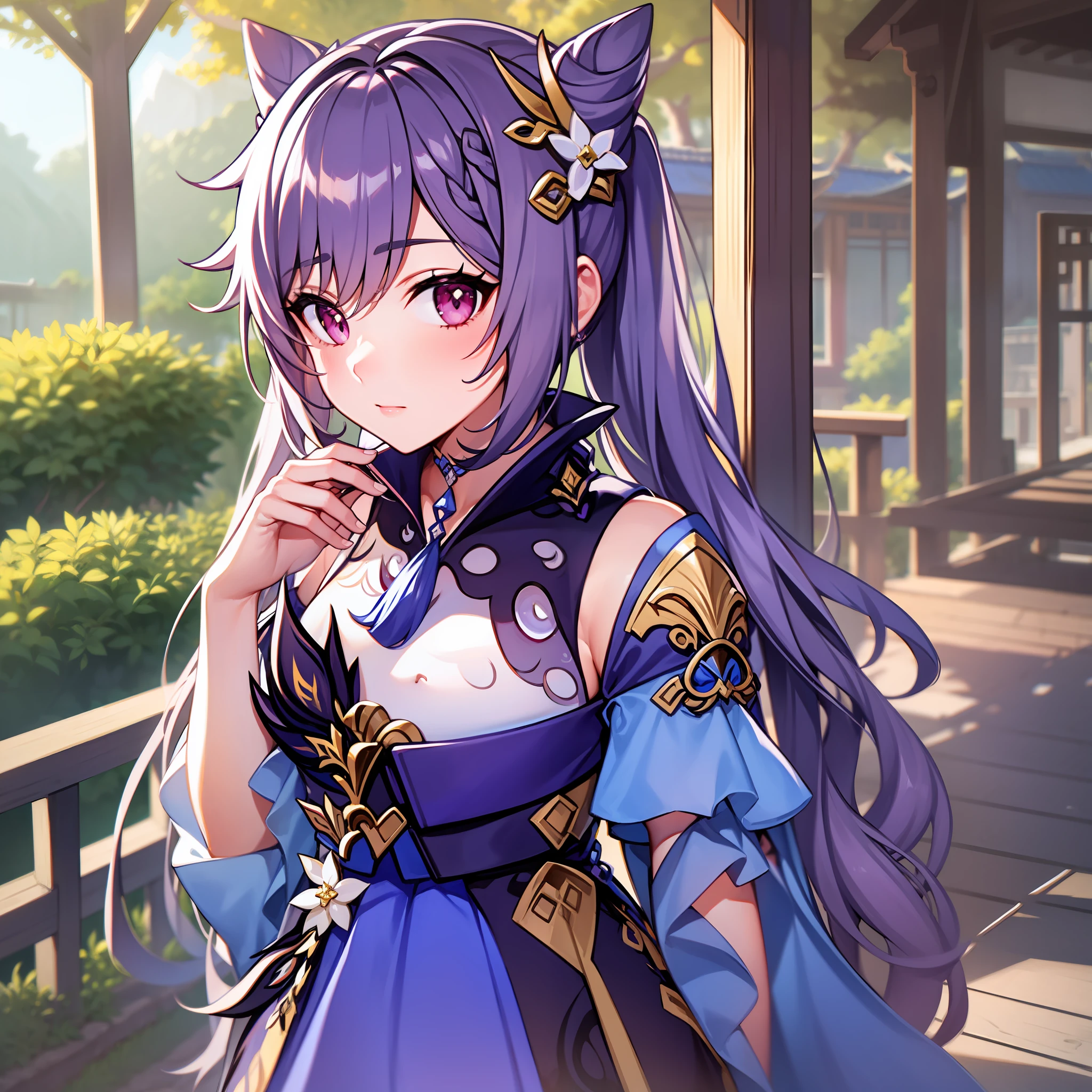 keqing, genshin impact, best quality, Details, ultra HD, Beautiful, tiny, attention, High school shirt, Shy, purple eyes, Purple Hair, Loves me with all his heart, Smiling Warmly at Me, View, Morning, Park, Alone, smile
