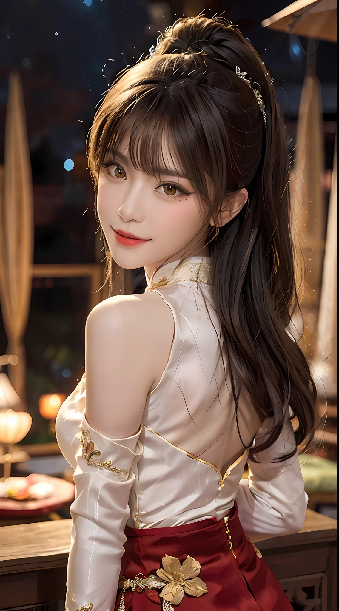 1 très jolie fille, seulement, 2, fille portant un ao dai de mariée, robe longue et bijoux de cheveux, jeune fille portant un ao dai blanc, pantalon en soie rouge et jaune, rouge et blanc étreignant ao dai, tissu ao dai fin, porter avec ao dai, version couleur sombre luxueuse et mystérieuse, bijoux de cheveux aux nombreux motifs sophistiqués, bijoux de tête, lèvres rouges, lèvres fines et belles, Sourire captivant, beaux détails, contexte détaillé détaillé, Super détaillé, Éclairage magique, jolis effets de lumière, visage clair, cheveux mi-longs, visage beau et bien proportionné, (yeux jaunes transparents : 1.8), grands yeux ronds et très beaux et minutieux, Porter une robe en soie, maquillage mystérieux, bijoux sur ao dai, frange plate et teinte en jaune clair, de taille moyenne, même les seins, grosses fesses, ventre plat, courbes du corps fille parfaite, portrait de fille, la moitié supérieure, suspendu, Réel et vivant, (étoiles: 1.7), (ciel du zodiaque: 1.8), fiction , Photos brutes, Photos d&#39;Ao Dai du Vietnam, belles photos les meilleures, 8k, photo 8k de la meilleure qualité, surréaliste, le plus réaliste,