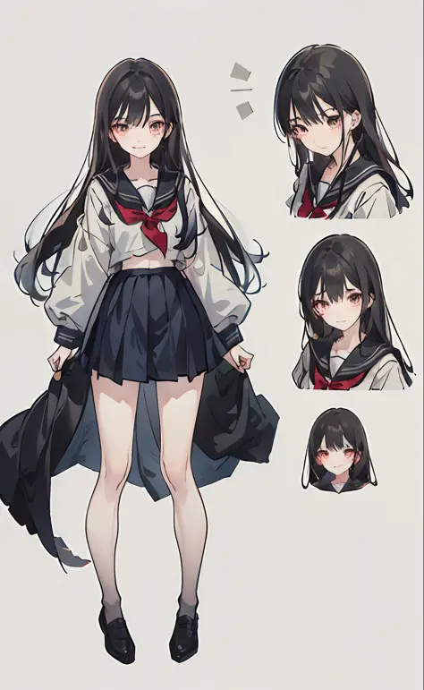 master masterpiece、detaild、HighQuality、Mature beautiful and pretty girl,Different angles, Character Sheet, DARK hair、multiple poses and expressions,school girl、１７Age、sailor clothing