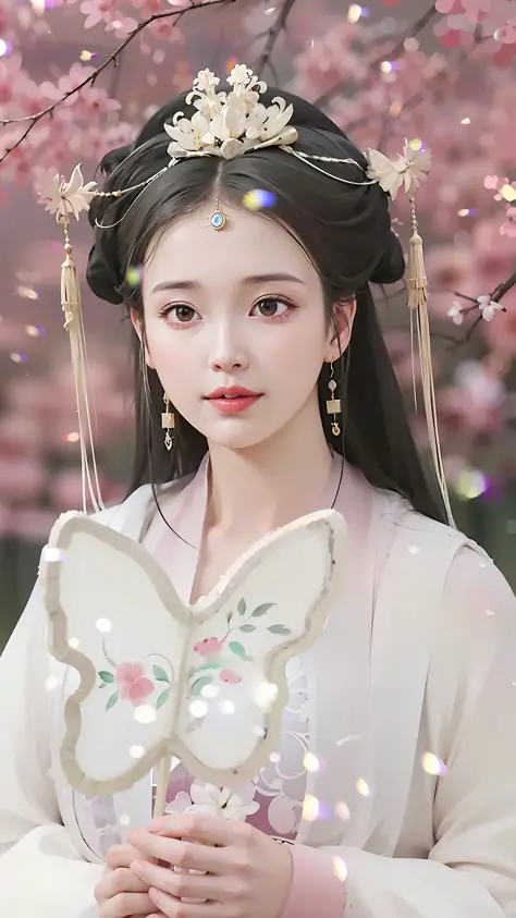 A woman in a white dress，Holding a butterfly in his hand, Palace ， a girl in hanfu, white hanfu, ((a beautiful fantasy empress))...