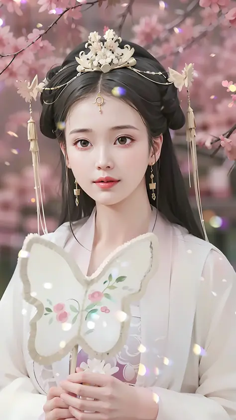 A woman in a white dress，Holding a butterfly in his hand, Palace ， a girl in hanfu, white hanfu, ((a beautiful fantasy empress))...