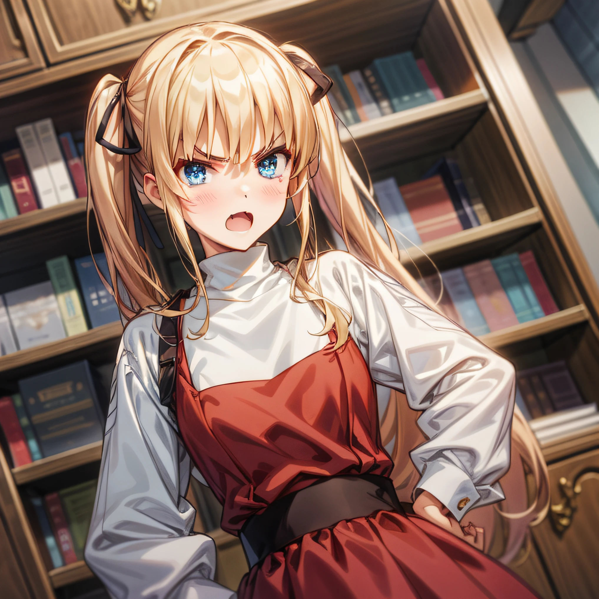 gjk_eriri, sawamura spencer eriri, 1girle, Blonde hair, Blue Eyes, twintails, Open mouth, fang, solo, Long Hair, hand on hips, dress, blush, Red dress, look at viewer, indoss, Hair ribbon, long sleeve, Bangs, Dutch Angle, poster (object), bookshelf, book, v-shaped eyebrows, White shirt, turtleneck, shirt , (masterpiece:1.6, Best Quality), (finely detailed beautiful eyes: 1.2),