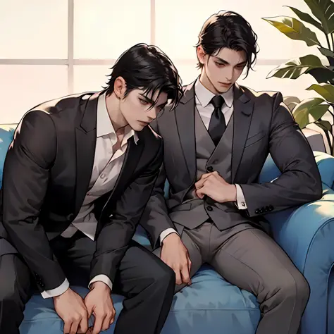 Two adult Asian men sitting on sofa in black suits。An unruly one，black color hair，Leaning on the sofa with his legs up，One hand ...