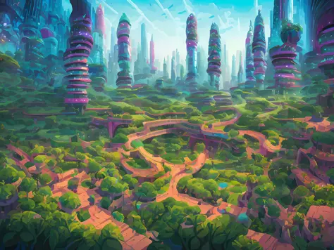 futuristic, sci-fi, big scene, cyberpunk, grand, hayao miyazaki, city, fantasy, magical plant growth, extreme detail, realistic ...