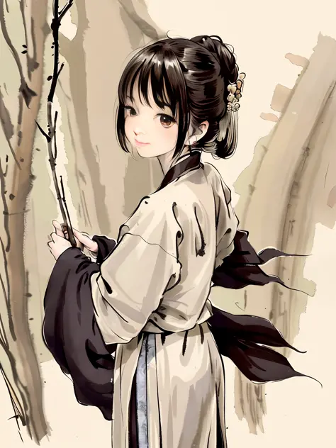 (Masterpiece, best quality: 1.2), traditional Chinese ink painting, 1 woman, standing, looking back, hanfu, willow branch, (smiling), looking at the viewer,