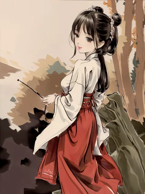 (Masterpiece, best quality: 1.2), traditional Chinese ink painting, 1 woman, standing, looking back, hanfu, willow branch, (smiling), looking at the viewer,